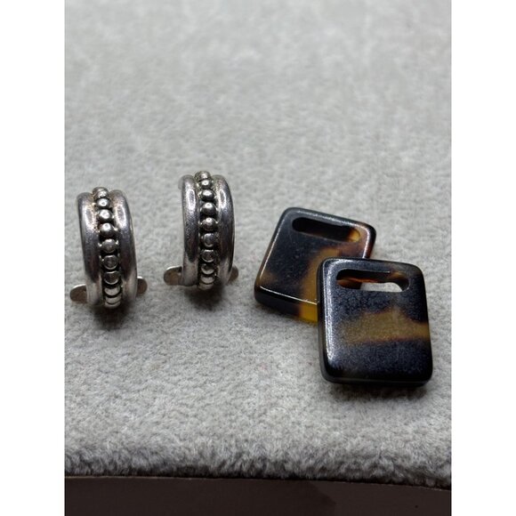 925 Silver Hoop Earrings Tortoiseshell-Style Dangles 2 IN 1 Style Wt 7.27g - Picture 1 of 7